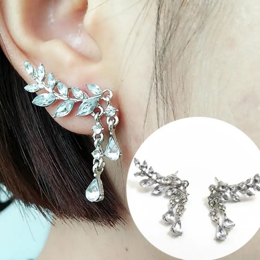 Women's Leaves Tassel Crystal Earrings